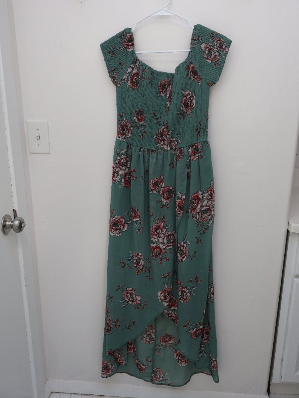 Women's Sage Green Floral Smocked Midi Dress High Low Hem | Size Medium